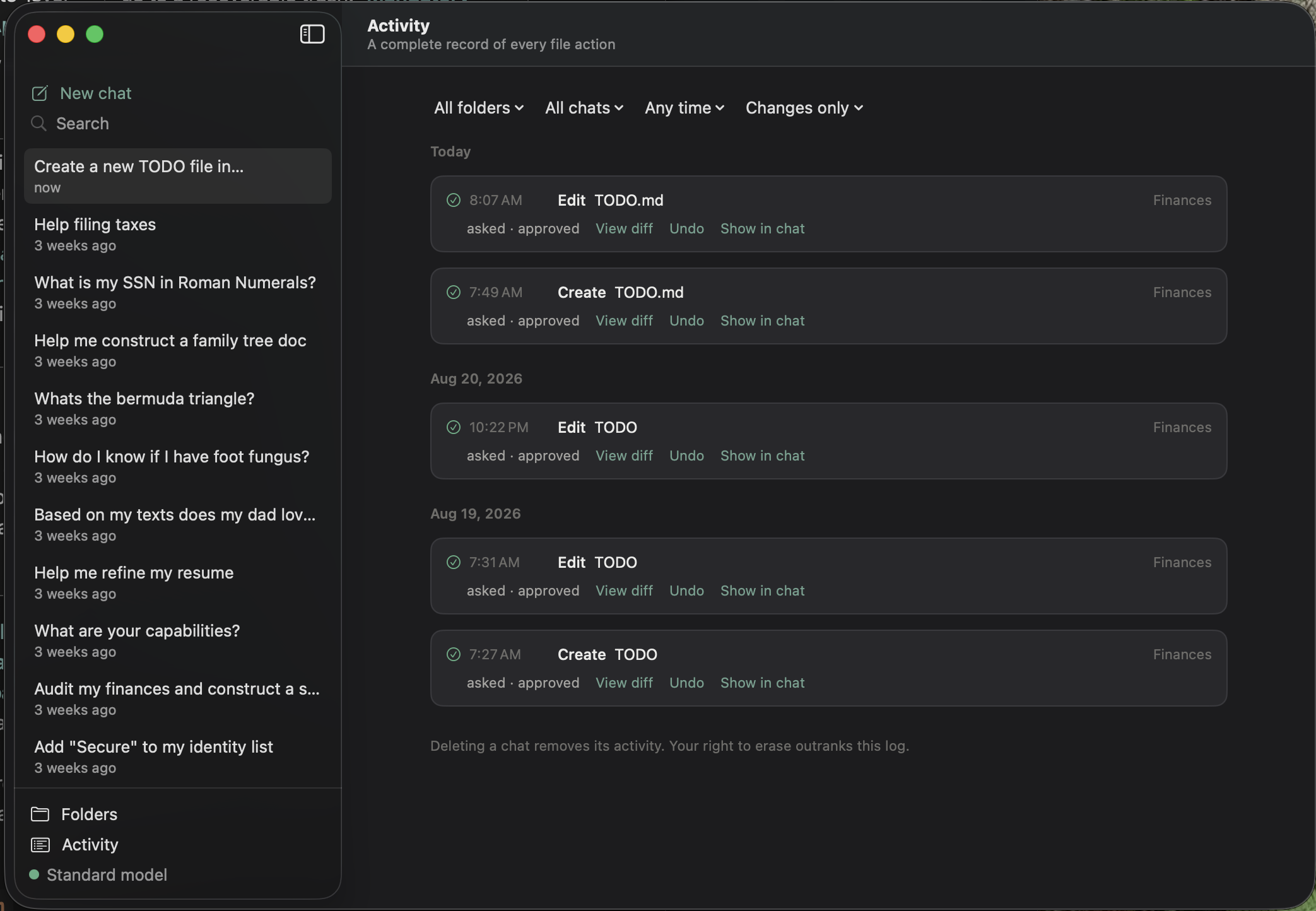 The Activity pane, listing file actions by date with the file changed and links to view the diff or undo it.