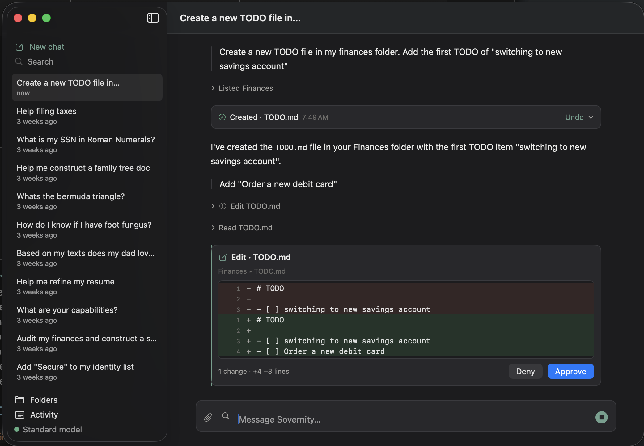 The chat view. A pending change to a Markdown file is shown as a line-by-line diff, with Deny and Approve buttons beneath it.