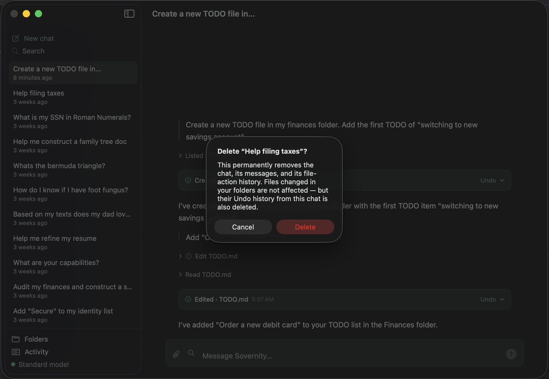 A confirmation dialog asking whether to delete a chat, describing what deleting it removes.