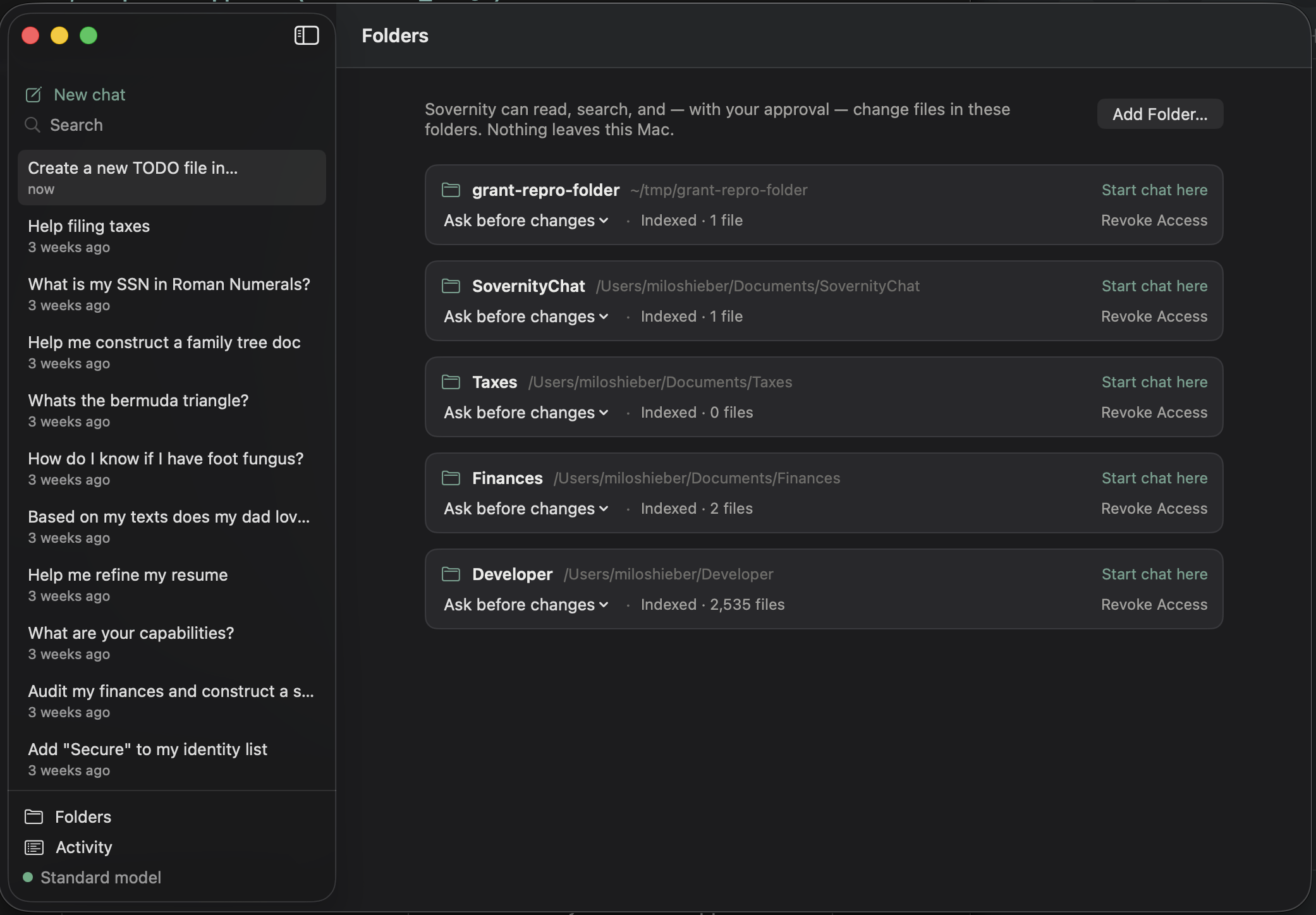 The Folders pane, listing granted folders with their access setting, indexing status, and a control to revoke access.